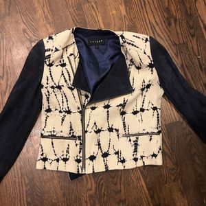 Laveer Motorcycle Jacket with Tan & Blue Print and Suede Arms